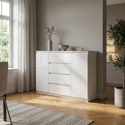 Produktbild von Masseno Kommode NUDO 120 cm Sideboard mit 4 Schubladen und 2 Türen für Wohnzimmer Schlafzimmer Modern 120x39x101,5 cm Weiß / Weiß