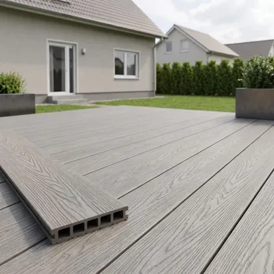 Produktbild von WPC Terrassendielen Komplettset 24 m² Grau | mit Unterkonstruktion & Klicksystem, 25×145 mm, 5-Kammer | rutschfest Terrasse Balkon | WoodoMykonos
