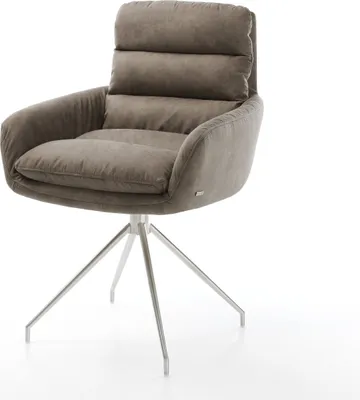 Produktbild von DELIFE Esszimmerstuhl Abelia-Flex mit Armlehnen Mikrofaser Taupe Vintage Kreuzgestell konisch Edelstahl