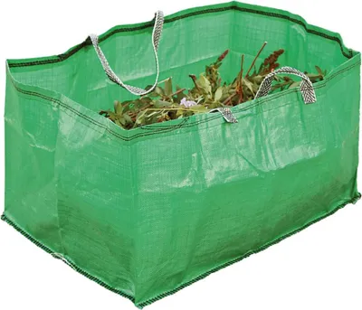 A green garden bag filled with plant debris, shown from a slightly elevated front-side angle.