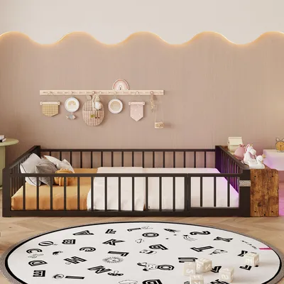 Produktbild von STILVORA Flachbett 140×200 cm aus Metall mit SchutzgeländerMetallbett mit LED-Streifenleuchten, Eisenbett mit Schließfächern, Kinderbett ohne Matratze, Schwarz