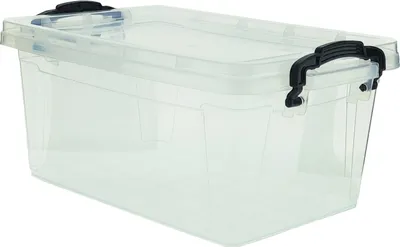 A clear, studio shot of a transparent storage box with black handles against a white background.