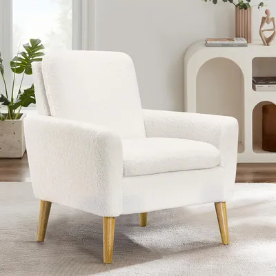 Produktbild von Sessel Wohnzimmer Einzelsofa Loungesessel modern Relaxsessel mit Holzbeinen, Weißer Teddy Stoff, für Wohnzimmer/Schlafzimmer, Weiß