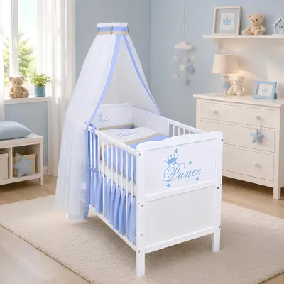 Produktbild von Baby-Delux Babybett Kinderbett Gitterbett Prince 60x120 Weiß inkl. 10-tlg Prince Bettwäsche Set Matratze, Beißschienen zum Schutz