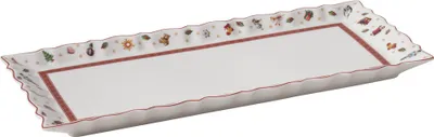 A rectangular serving platter with a decorative scalloped edge and a festive holiday pattern around the rim.
