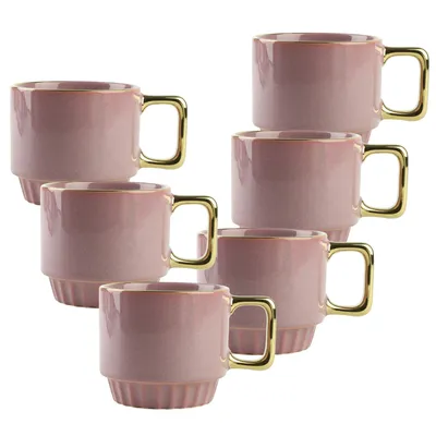 Zdjęcie produktu dla 6x kubki ceramiczne 320 ml - Fioletowy kubek do kawy z eleganckim złotym uchwytem Festa Italia