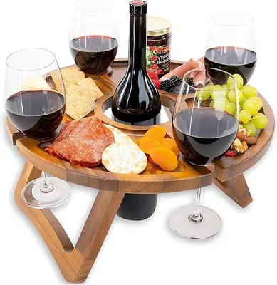 Produktbild von Famanu Picknicktisch Klappbar - Tragbare Outdoor-Tisch für 4 Weingläser & 1 Flasche - Holz Weindienblatt