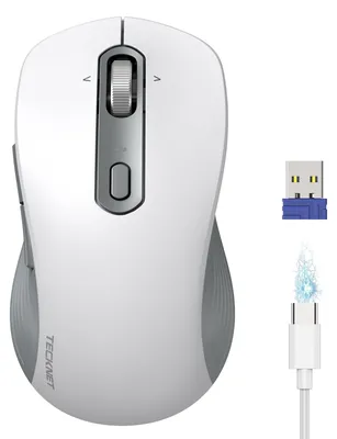 Immagine prodotto di Mouse Bluetooth wireless, ricaricabile, con rotellina di scorrimento a 4 direzioni, 4800 DPI, 6 livelli di sensibilità, 6 pulsanti, tecnologia BT5 e BT3, compatibile con 3 dispositivi, ergonomica, colore bianco e grigio