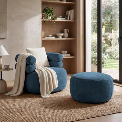 Produktbild von Drehsessel-Set NANO Blau – Drehsessel 360° mit runder Form mit Hocker, Relaxsessel, Lesesessel, Sitzhocker, Fußhocker und Zierkissen