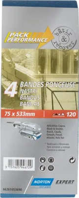 Produktbild von Packung mit 4 NORTON Schleifbändern, 75 x 533 mm, Körnung 120