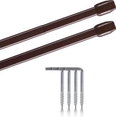 Two brown curtain rods and four screws on a white background.