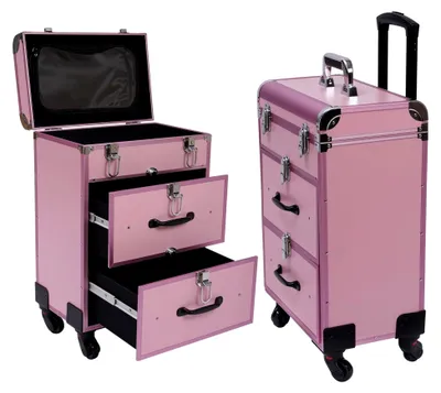 Produktbild von Kosmetikkoffer Trolley mit 2 Schubladen, abschließbarer Friseurkoffer für Reisen, Make-up Koffer mit 360° drehbaren Rollen, 36 x 23 x 58 cm