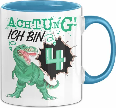 Produktbild von 4. Geburtstag Geschenk Tasse Becher Jungs Sohn T-Rex Geburtstagsgeschenk Dinosaurier Achtung Ich bin 4 (Blau)