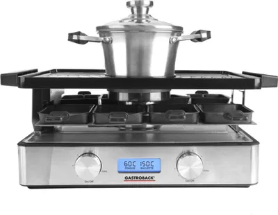 A Gastroback 2 in 1 Design Raclette Fondue 42562 Advanced Plus appliance is shown from the front.