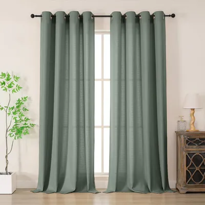 Image de Rideaux avec œillets, aspect lin moderne, semi-transparents, lot de 2, couleur vert sauge, 245 x 140 cm