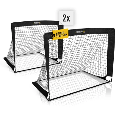 Two black soccer goals are shown on a white background.