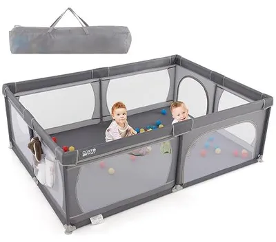 Produktbild von 205 x 147cm Laufstall Baby faltbar, Laufgitter mit 50 Bällen, 2 Türen, Seitentasche, atmungsaktivem Netz & Reißverschluss, Laufgitterzelt für Säuglinge & Kinder (Dunkelgrau)