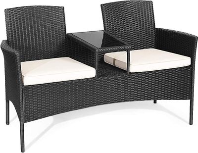 COSTWAY Polyratanová zahradní lavice, sada zahradního nábytku pro 2 osoby se stolem a polštáři, 138 x 61 x 85 cm, ratanová lavice odolná proti povětrnostním vlivům, balkonový nábytek na zahradu, balkon (bílá)