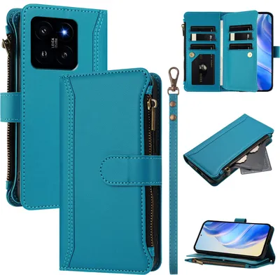 Produktbild von Handyhülle für Xiaomi 14 Reißverschluss Geldbörse Kunstleder Klapphülle mit Kartensteckplatz, Ständer, Handschlaufe Blau