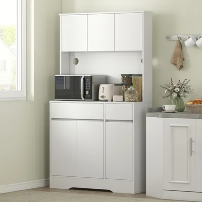 Produktbild von SUGIFT Küchenschrank mit Arbeitsfläche, Sideboard Buffet Hochschrank, 6 Türen 2 Schubladen, Weiß | 100 x 38 x 180 cm | Spanplatte MDF | Kabellöcher
