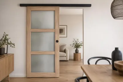 Immagine prodotto di Porta scorrevole in legno Frake con vetro H204 x L83 cm, binario a bandeau nero, conchiglie nere GD MENUISERIES