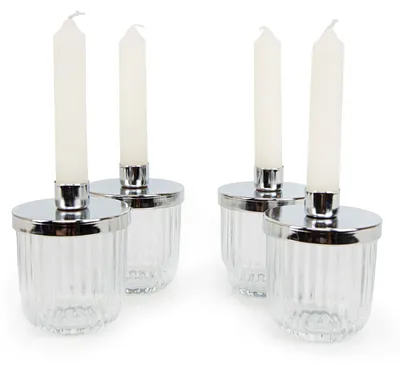4er-Set Kerzenhalter aus Glas, 10 cm, Silber, für Stabkerzen