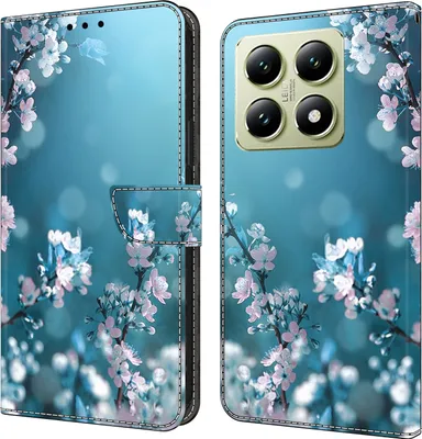 Produktbild von CLM-Tech Handyhülle kompatibel mit Xiaomi 14t Hülle - Tasche aus Kunstleder - Klapphülle mit Ständer und Kartenfächern - Schutzhülle Wallet Case Cover Pflaumenblüte blau