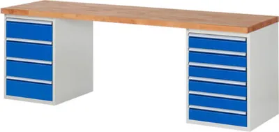 Produktbild von Werkbank mit 10 Schubladen - Teilauszug - 120:6 / 180:4 - 840 x 2.500 x 700 mm (HxBxT) - Traglast 1.000 kg - Buche