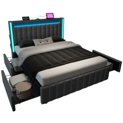 Produktbild von Polsterbett USB Typ C Ladefunktion LED-Beleuchtung und 4 Schubladen, Jugendbetten 140x200cm Doppelbett Stauraumbetten Bettgestell,(Ohne Matratze)