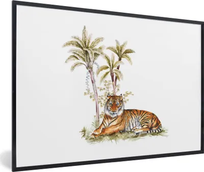 Produktbild von MuchoWow® MuchoWow® Gerahmtes Poster Tiger - Baum - Gemälde 90x60 cm - Poster mit zchwarzem Bilderrahmen - Fotorahmen - Foto-Plakat