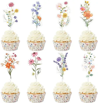 Productafbeelding van Cupcake-decoraties, bloemen, 40 stuks, kleurrijk, voor babyfeestjes en verjaardagen