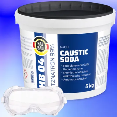 Produktbild von Rohrreiniger Ätzsoda Ölfarbentferner 5kg Eimer kaustisches Soda Natronlauge + Schutzbrille Arbeitskomfort Set HB04