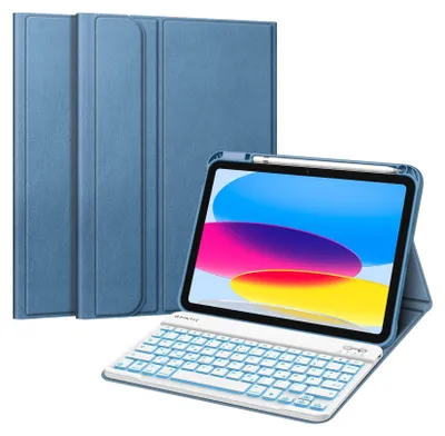 Produktbild von Fintie Hülle mit Tastatur für iPad 11 Generation 2025 11 Zoll, iPad 10 Generation 2022 10.9 Zoll, 7-farbig Beleuchteter Magnetischer Abnehmbarer Keyboard Hülle mit Stifthalter, Dunstblau