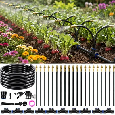 Produktbild von Garten Bewässerungssystem Einstellbare Kupfer Sprühdüsen Doppelanschluss Automatisches Tröpfchenbewässerung Kit mit 20 Nebeldüsen und 10m Schlauch