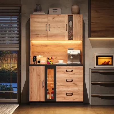 Produktbild von Küchenhochschrank 105 x 40 x 180 cm mit LED-Beleuchtung und App-Steuerung, 3 Schubladen, Steckdosen, 2 USB, 2 Glastüren, Schwarz/Holzoptik
