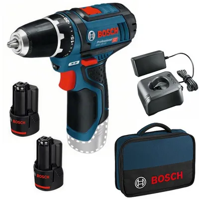 A Bosch Professional GSR 12V-15 cordless drill with accessories, including two batteries, a charger, and a soft bag, displayed against a white background.