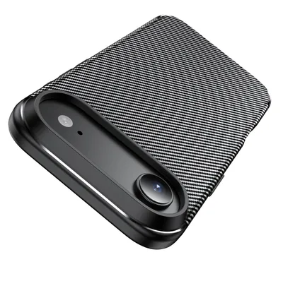 A close-up, angled view of a black carbon-fiber patterned phone case with a prominent camera module.