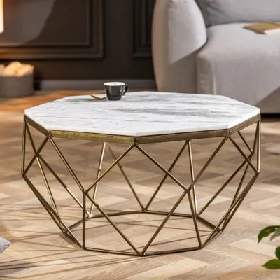 Image de Élégante table basse DIAMOND 70 cm, blanc et laiton, avec plateau en marbre