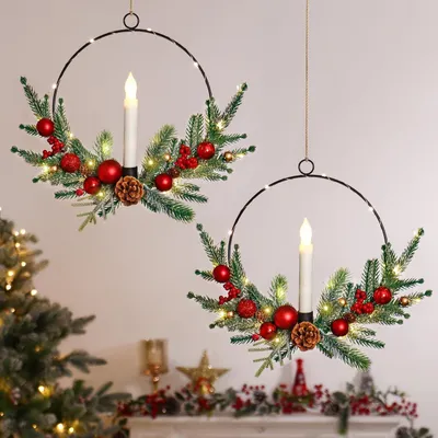 Produktbild von 2er Set Weihnachtskranz mit LED-Lichtern und Kerzen, Tannenzapfen, Türkranz für Haustür und Veranda