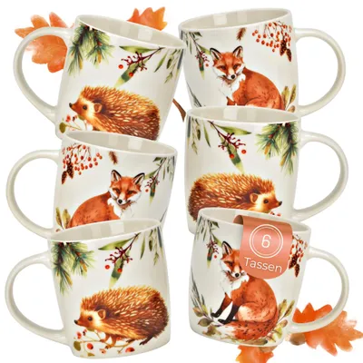 Produktbild von Herbst Tassen 6er Set Fuchs & Igel, 350 ml Kaffeetasse aus Porzellan