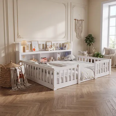 Image de Lit bébé 140x200 cm avec barrières de sécurité, lit avec espace de rangement et étagère à livres, lit d'enfant en bois massif de pin, structure de lit pour adolescent avec sommier à lattes, blanc