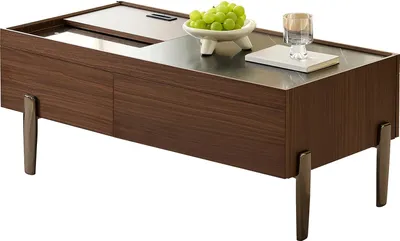 Productafbeelding van Salontafel met lades en glazen blad – Donkerbruin houten design, houtnerf met marmerlook, metalen poten en veel opbergruimte voor de woonkamer