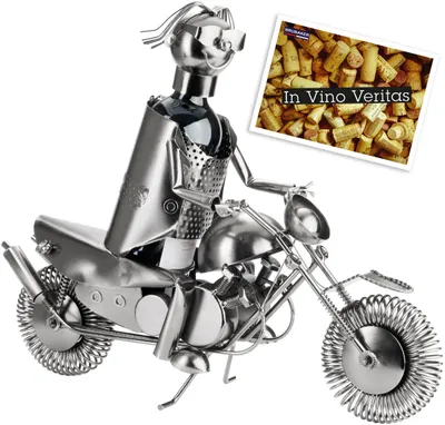 Weinflaschenhalter Motorradfahrer, Metallskulptur, 38x45x16 cm
