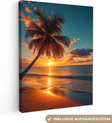 Produktbild von MuchoWow® - Leinwandbilder - Sonnenuntergang - Palme - Meer - Horizont - Strand, Wandbild, Wanddeko Bilder Wohnzimmer, 90x120 cm