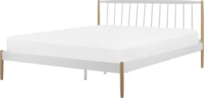 BELIANI Posteľ biela a svetlé drevo 160 x 200 cm drevené nohy kovový rám lamelový rošt retro škandinávsky štýl