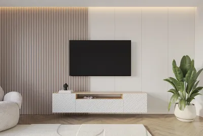 Produktbild von ALTDECOR TV-Schrank ZENO-W mit Gefrästen Fronten 200x40x41 Lowboard hängend, TV Möbel, TV Cabinet, Fernsehtisch, Fernsehschrank, TV Kommode, TV Tisch, TV Sideboard, TV Board - Artisan / Weiß
