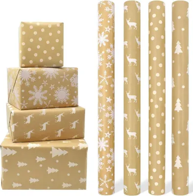 Immagine prodotto di Carta da regalo natalizia riciclata in carta kraft, 43 cm x 3 m, 4 rotoli