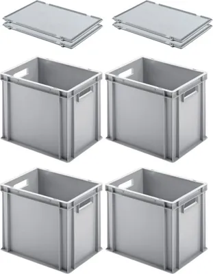 Produktbild von SuperSparSet 4x Eurobehälter mit offenem Griff und Scharnierdeckel | HxBxT 32x30x40cm | 29 Liter | Grau | Eurobox, Transportbox, Transportbehälter, Stapelbehälter