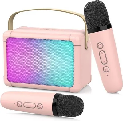 Obrázek produktu pro Dětská karaoke souprava, přenosná, 2 bezdrátové mikrofony, efekty, LED osvětlení, pro děti od 3 do 18 let