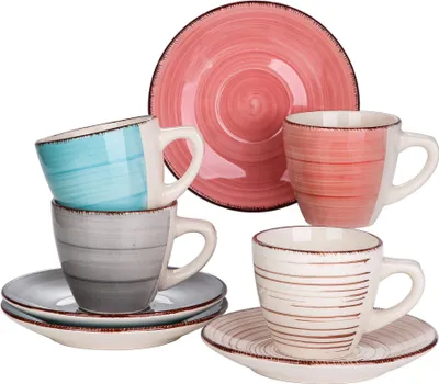 Image de vancasso Bella 8 pièces service à café en faïence pour 4 personnes, avec tasses et soucoupes, rose, turquoise, gris, beige